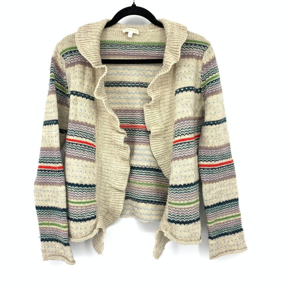 Kookai Fair Isle Cardigan Sweater Womens Size 1 US S Wool Blend Cream Blue Green